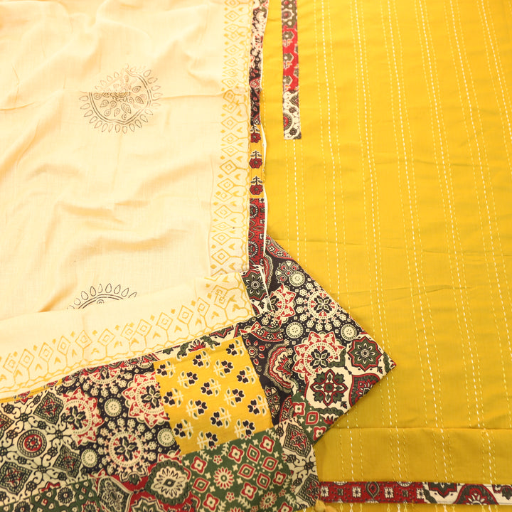 Jiya Beetle Yellow Running Stitch Work with Patch Cotton Set