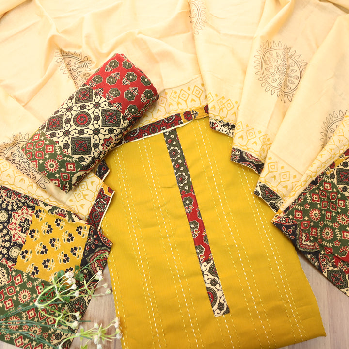 Jiya Beetle Yellow Running Stitch Work with Patch Cotton Set