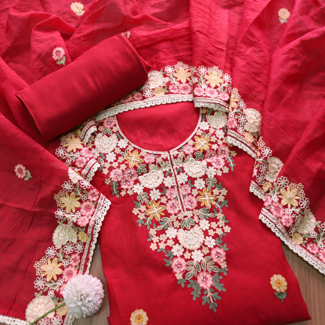 Hoor Bride Red Thread Embroidered with Moti Work Mul Chanderi Set