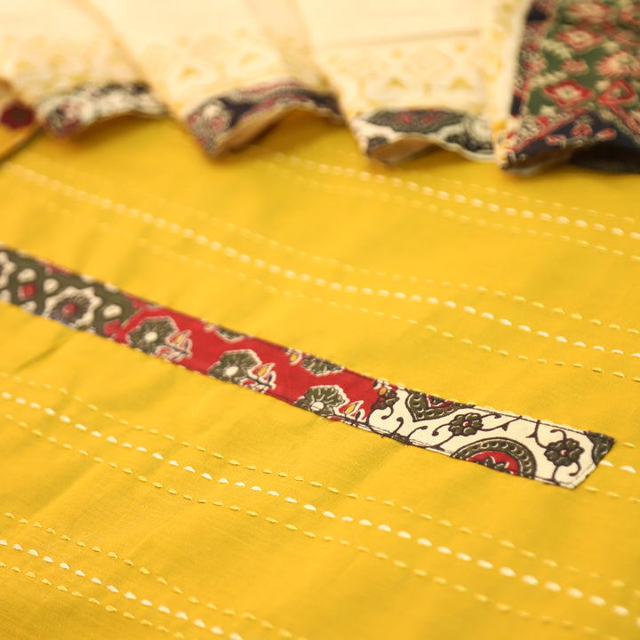 Jiya Beetle Yellow Running Stitch Work with Patch Cotton Set