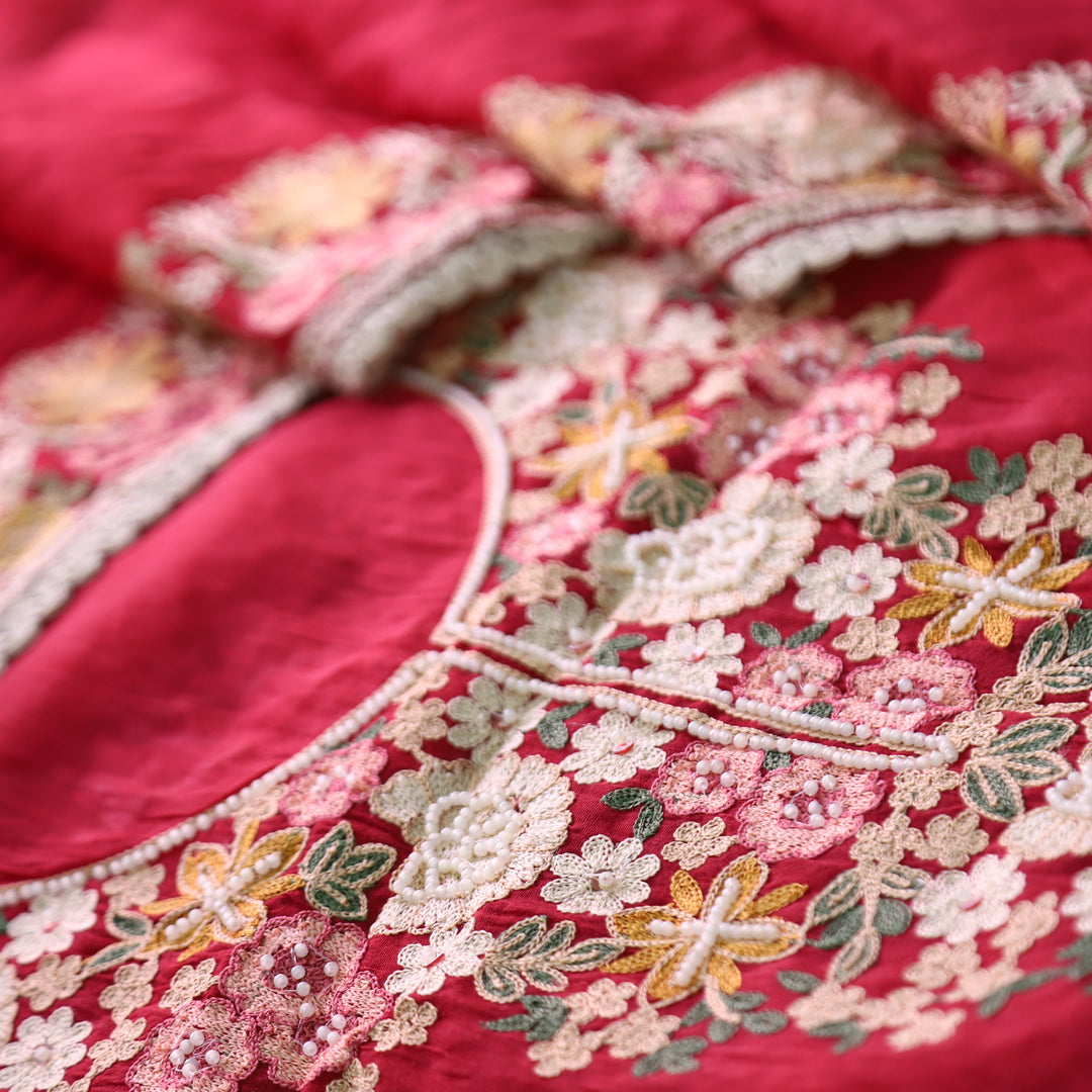 Hoor Bride Red Thread Embroidered with Moti Work Mul Chanderi Set