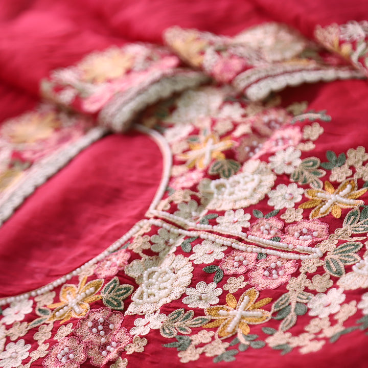 Hoor Bride Red Thread Embroidered with Moti Work Mul Chanderi Set