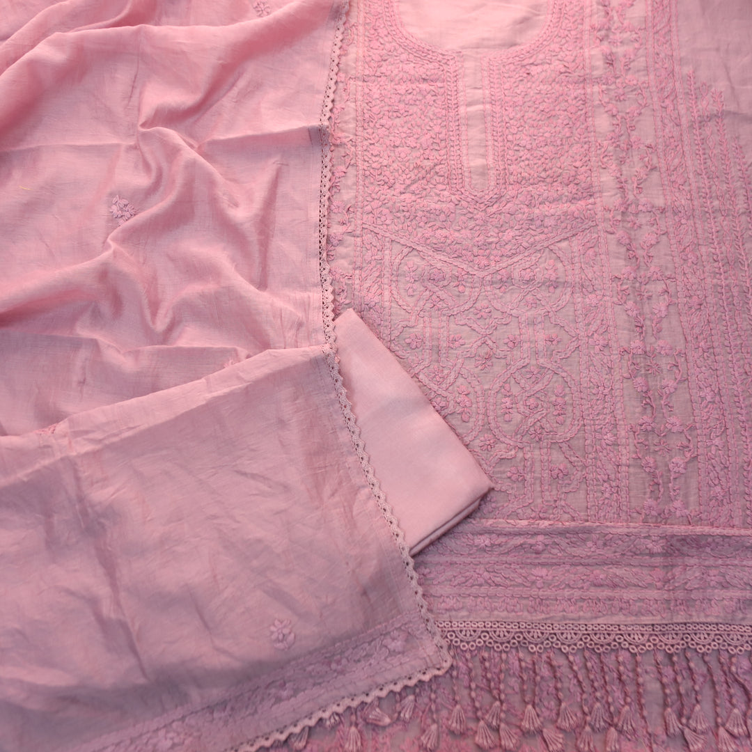 Premika Helip Mauve All Over Hand Embroidered Mul Chanderi Set