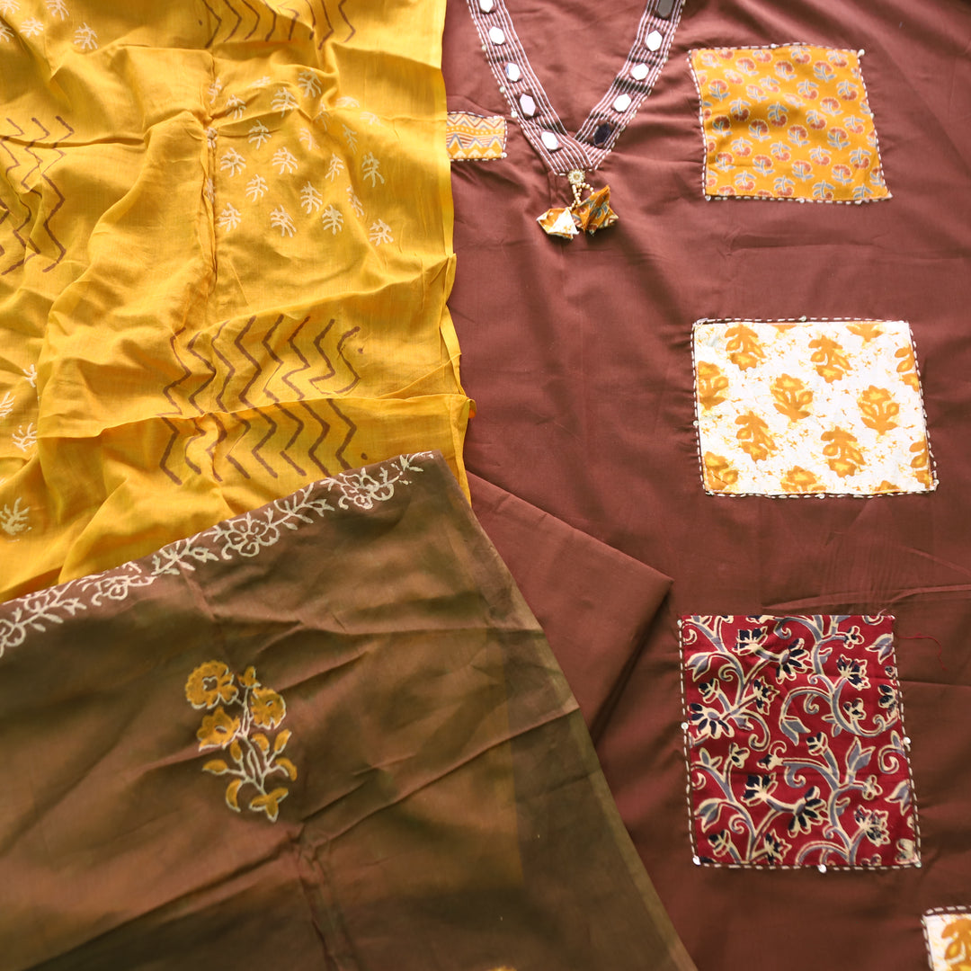 Chandruffi Chocolate Brown Mirror V Neck with Ajrak Applique Work Cotton Set