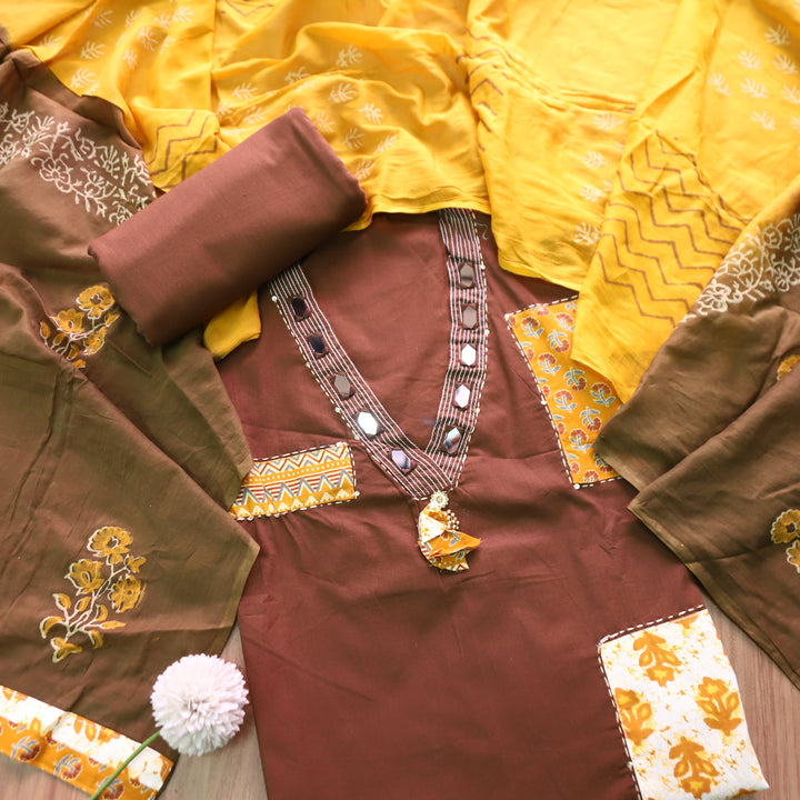 Chandruffi Chocolate Brown Mirror V Neck with Ajrak Applique Work Cotton Set