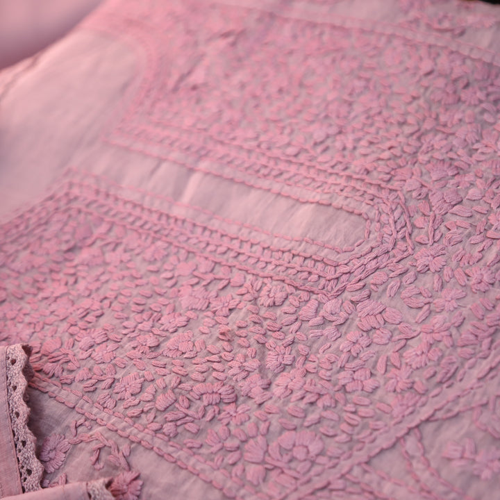 Premika Helip Mauve All Over Hand Embroidered Mul Chanderi Set