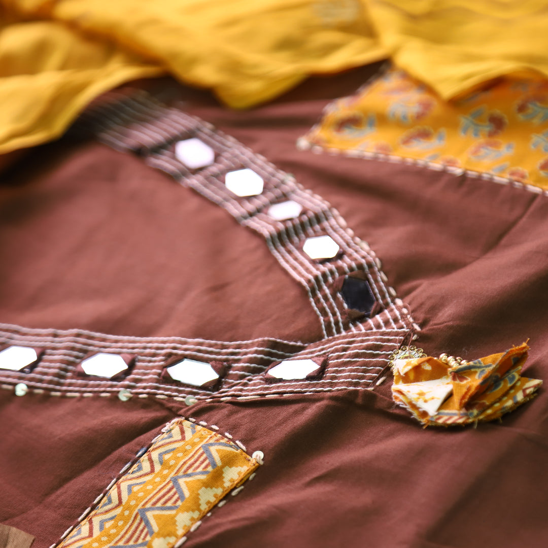 Chandruffi Chocolate Brown Mirror V Neck with Ajrak Applique Work Cotton Set