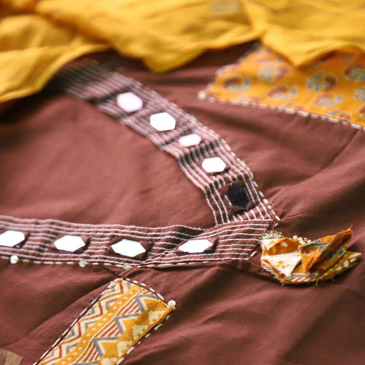 Chandruffi Chocolate Brown Mirror V Neck with Ajrak Applique Work Cotton Set