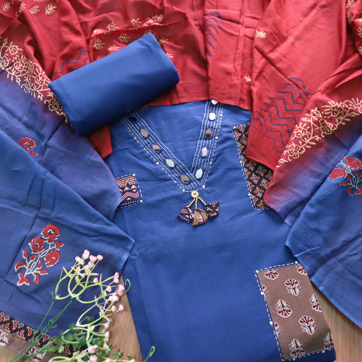 Chandruffi Denim Blue Mirror V Neck with Ajrak Applique Work Cotton Set