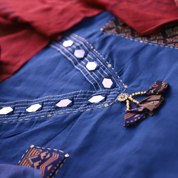 Chandruffi Denim Blue Mirror V Neck with Ajrak Applique Work Cotton Set
