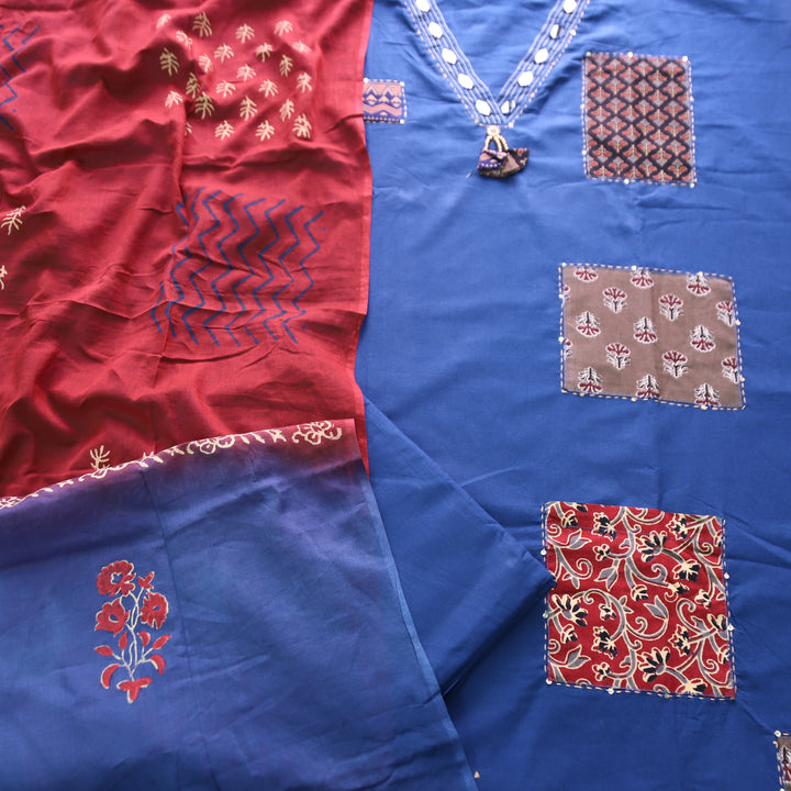 Chandruffi Denim Blue Mirror V Neck with Ajrak Applique Work Cotton Set