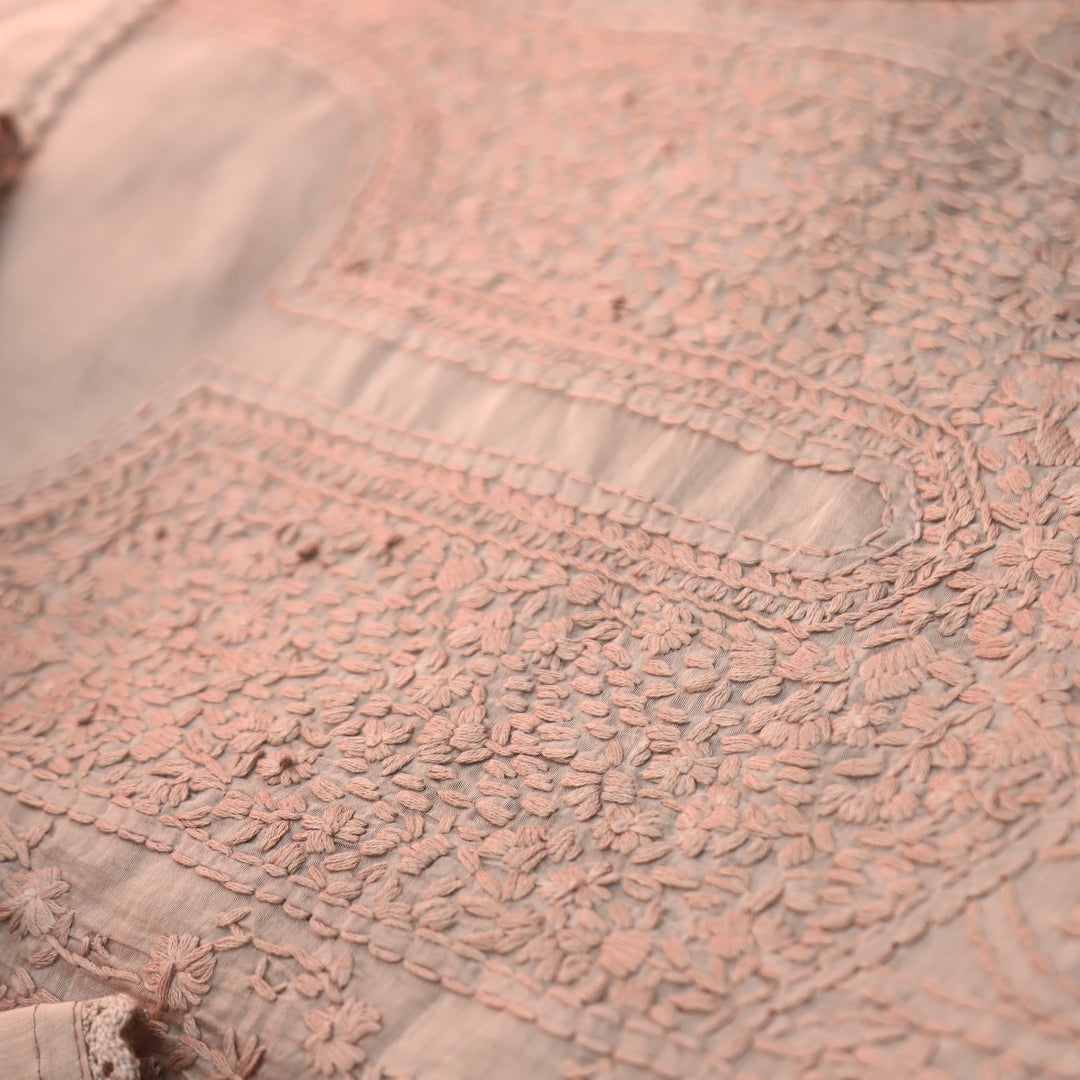 Premika Coco Brown All Over Hand Embroidered Mul Chanderi Set