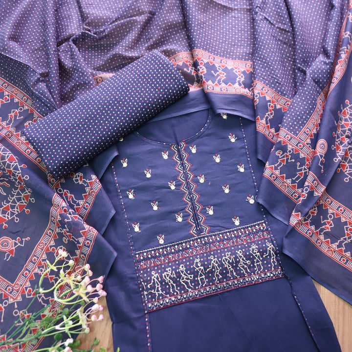Rimjhim Navy Blue Patra with Thread Embroidered Yoke Cotton Suit Set