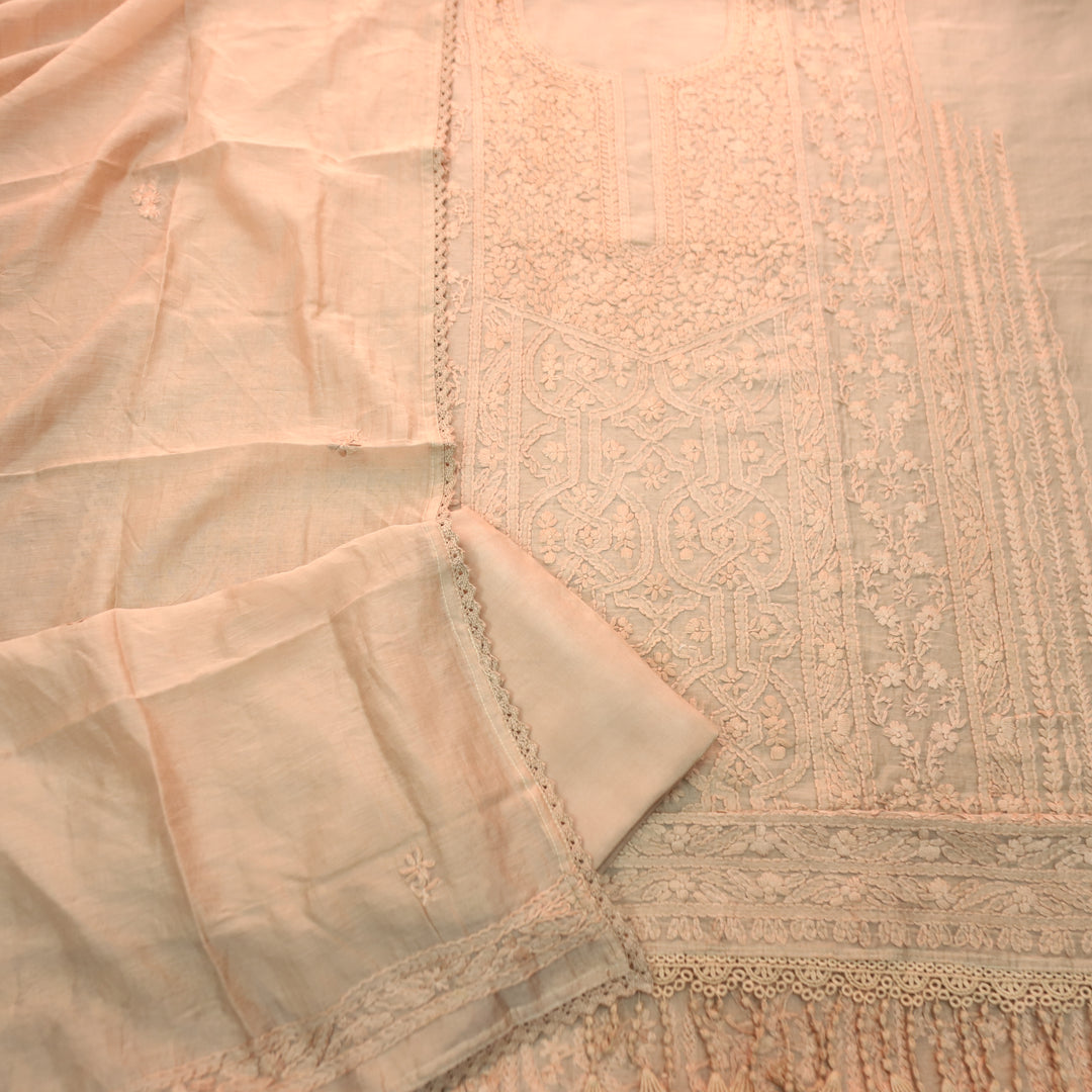 Premika Sand Beige All Over Hand Embroidered Mul Chanderi Set