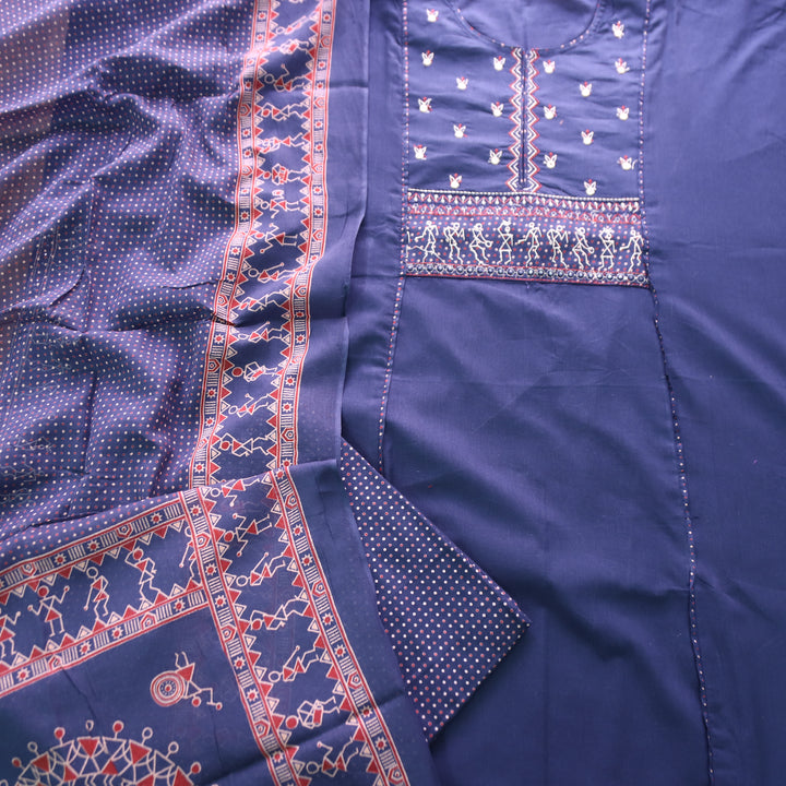 Rimjhim Navy Blue Patra with Thread Embroidered Yoke Cotton Suit Set