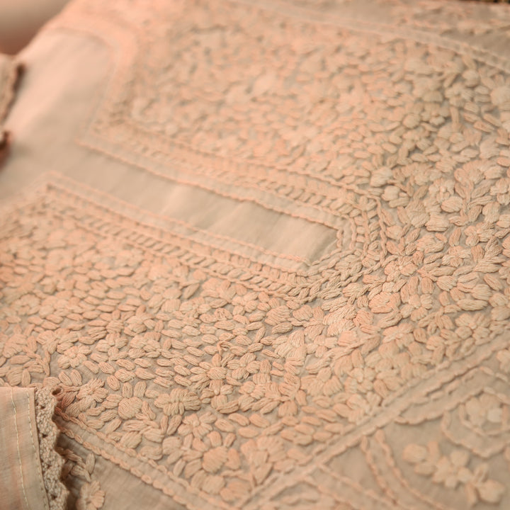 Premika Sand Beige All Over Hand Embroidered Mul Chanderi Set