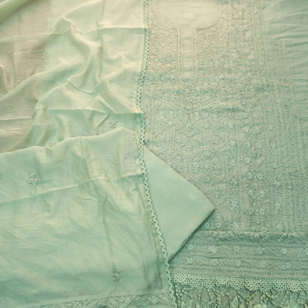 Premika Fern Mint All Over Hand Embroidered Mul Chanderi Set