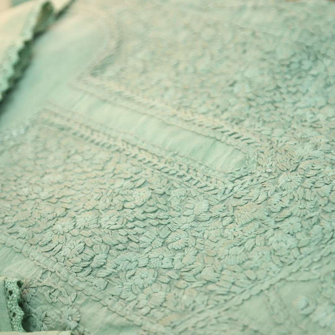 Premika Fern Mint All Over Hand Embroidered Mul Chanderi Set