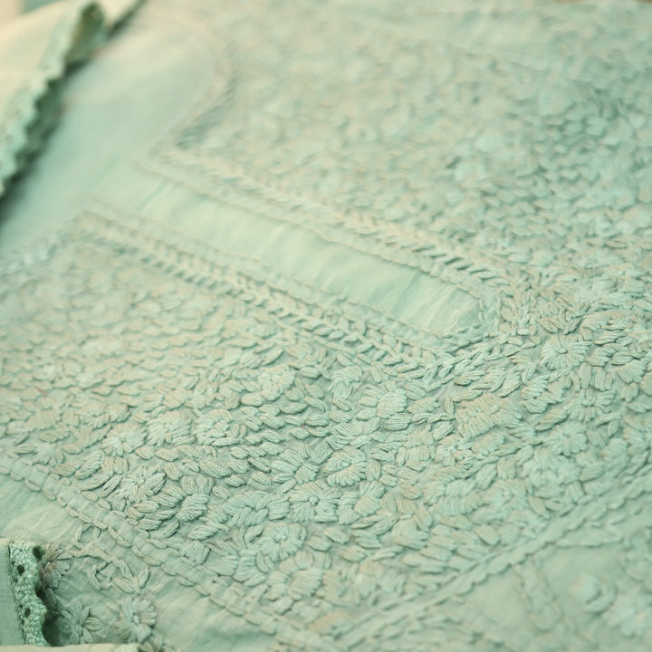 Premika Fern Mint All Over Hand Embroidered Mul Chanderi Set