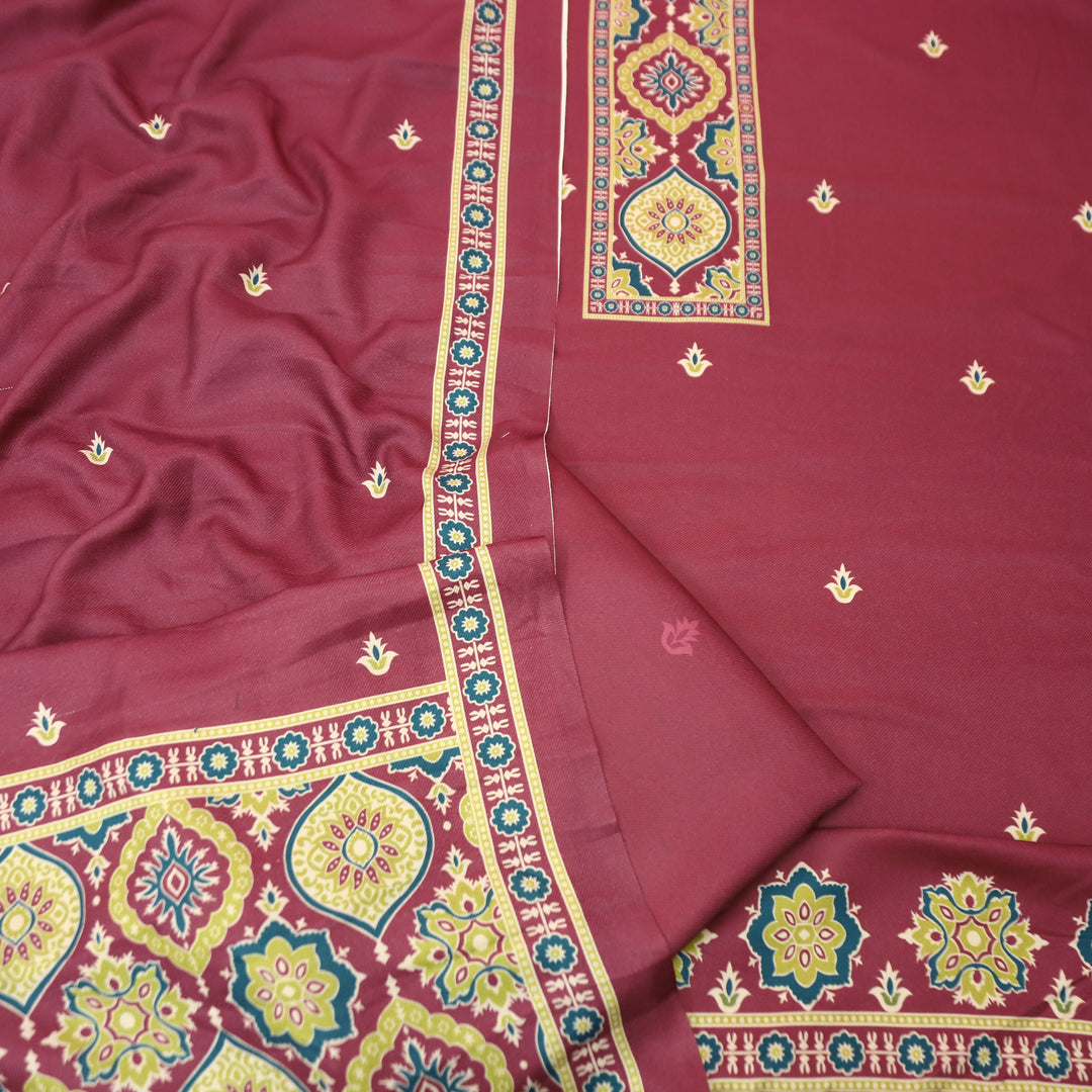 करिश्मा Burgundy Wine wth Elegant Ajrak Ada Printed Semi Pashmina Winter Set