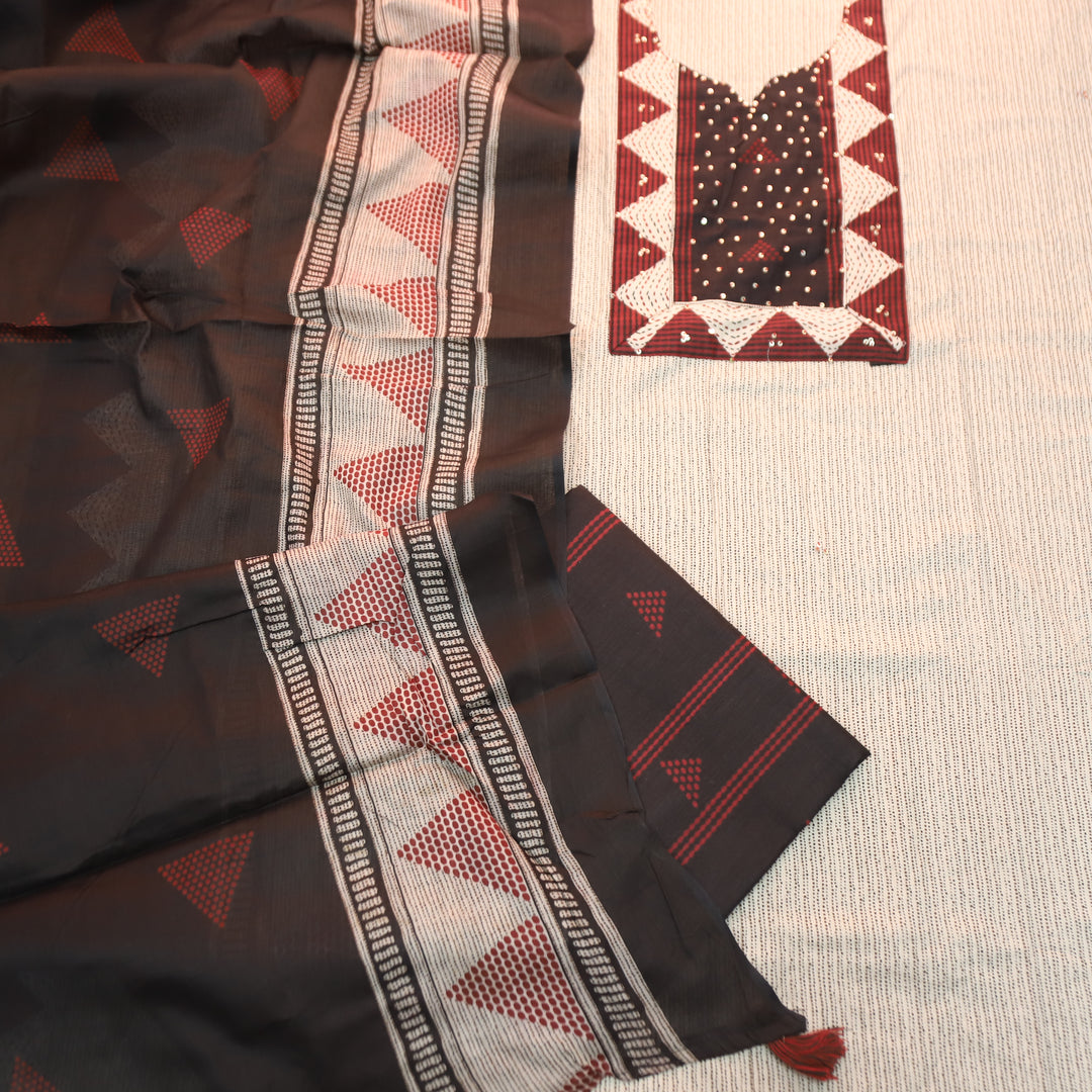Haseena Hazel Tan with Black Printed Yoke Sequine Work Cotton Set