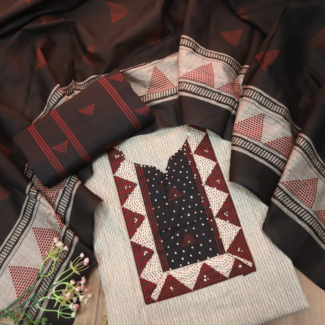 Haseena Hazel Tan with Black Printed Yoke Sequine Work Cotton Set