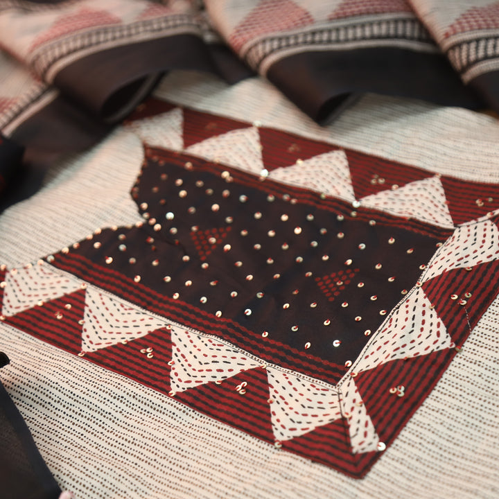 Haseena Hazel Tan with Black Printed Yoke Sequine Work Cotton Set
