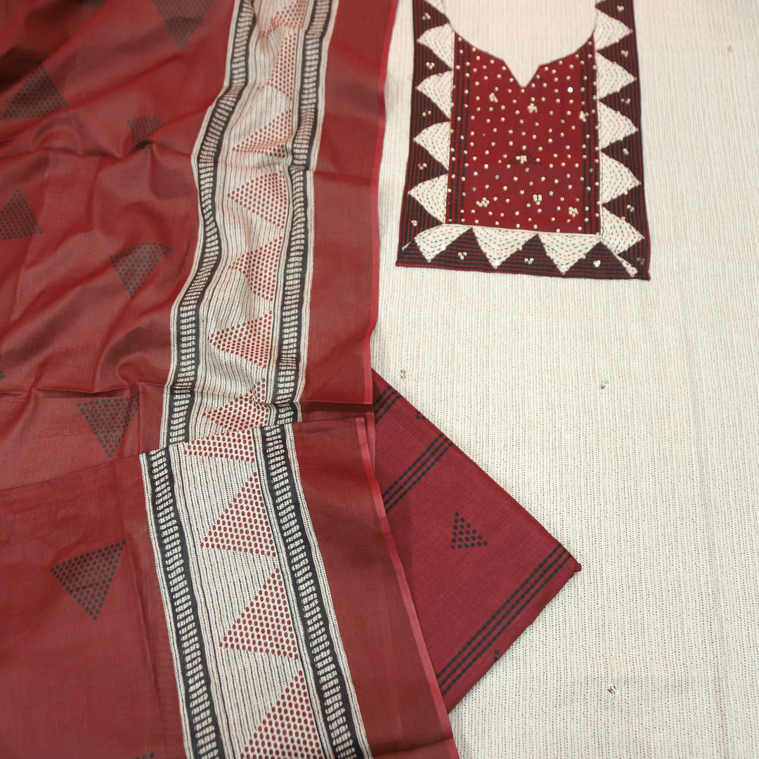 Haseena Hazel Tan with Maroon Printed Yoke Sequine Work Cotton Set