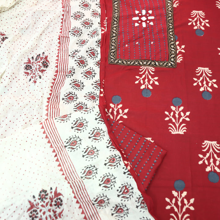 Roopshani Dark Cherry Kutch Mirror Neck Work in Floral Printed Cotton Suit Set