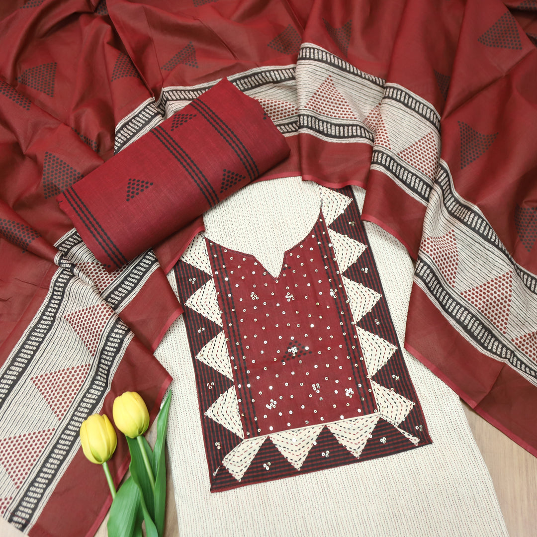 Haseena Hazel Tan with Maroon Printed Yoke Sequine Work Cotton Set