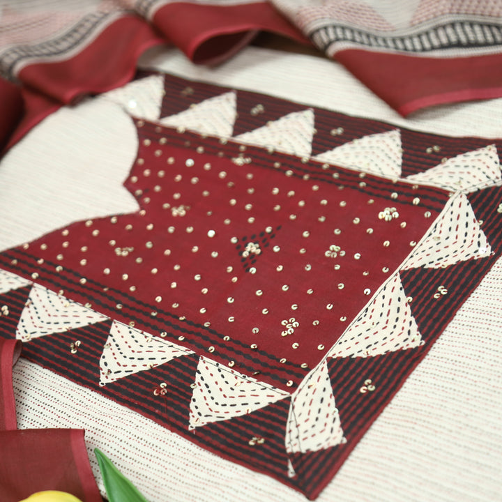 Haseena Hazel Tan with Maroon Printed Yoke Sequine Work Cotton Set