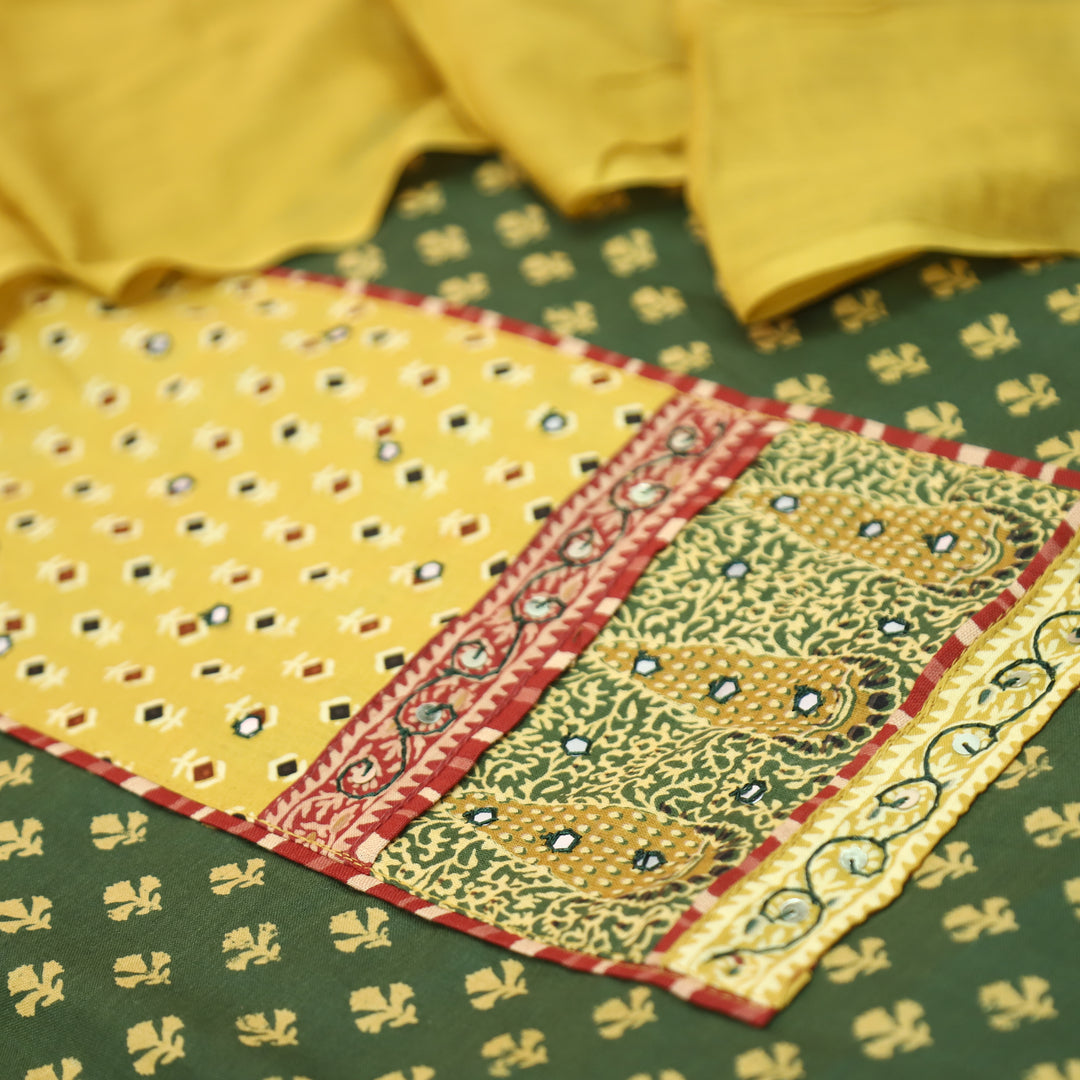 Heeriye Green Patra Work with Ajrak Printed Cotton Set