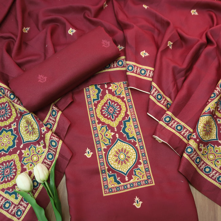 करिश्मा Burgundy Wine wth Elegant Ajrak Ada Printed Semi Pashmina Winter Set