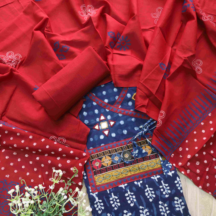 Nazara Indigo Blue Kutch Mirror Work Angrakha Dabu Printed Cotton Suit Set D3