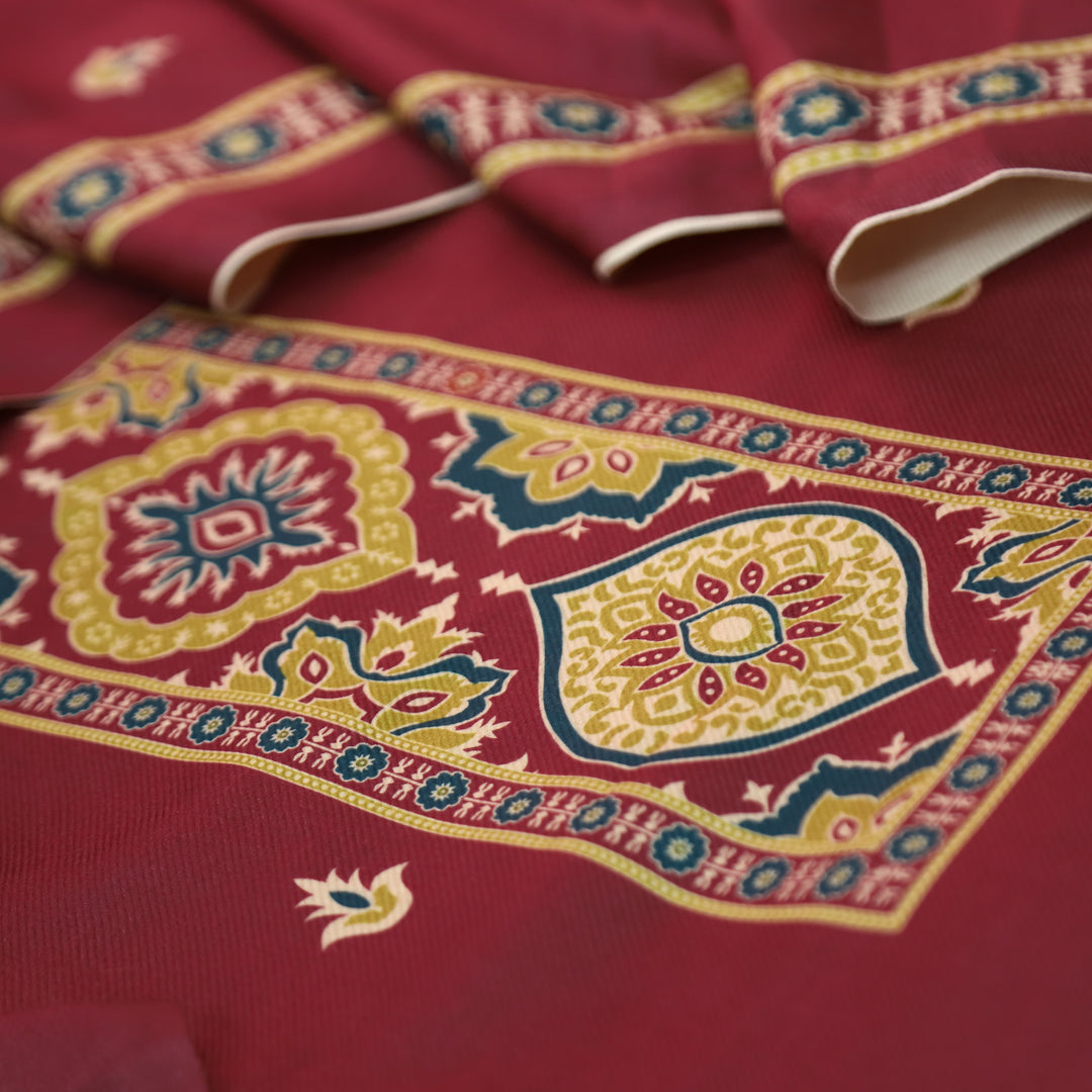 करिश्मा Burgundy Wine wth Elegant Ajrak Ada Printed Semi Pashmina Winter Set