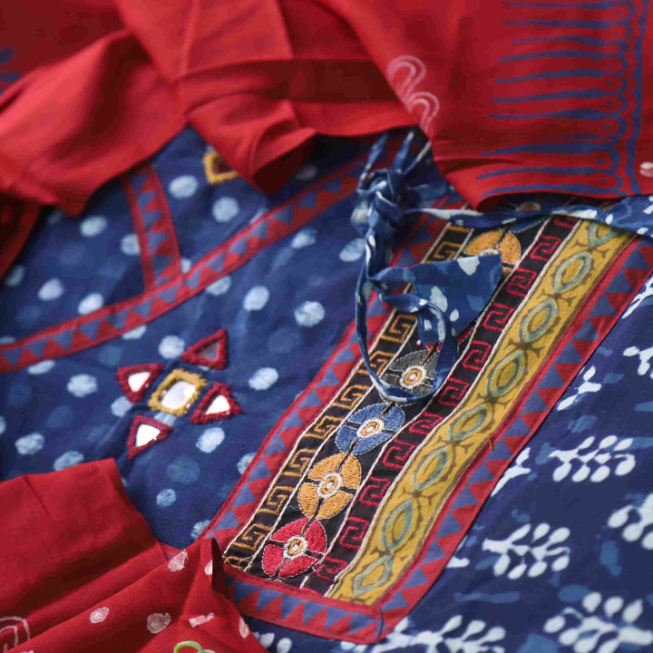 Nazara Indigo Blue Kutch Mirror Work Angrakha Dabu Printed Cotton Suit Set D3