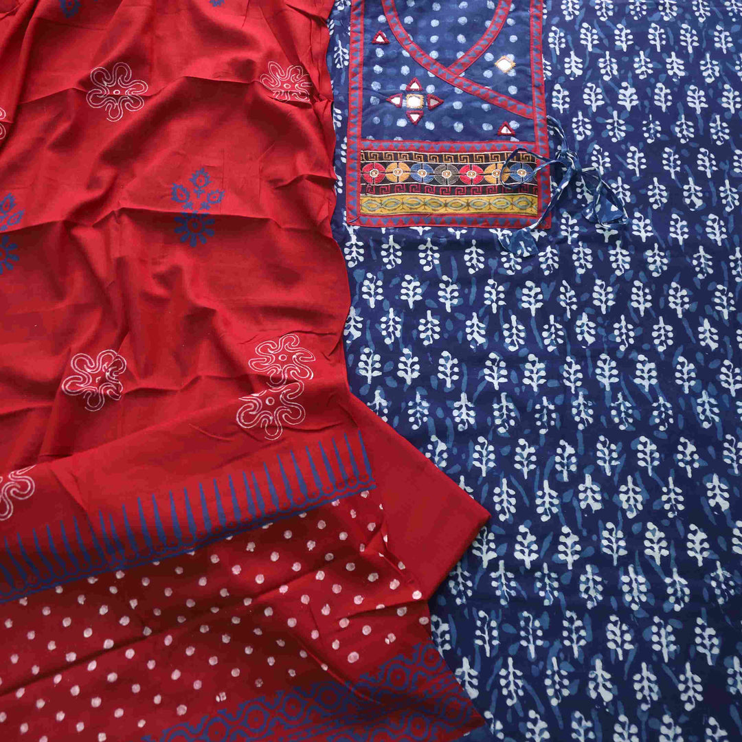 Nazara Indigo Blue Kutch Mirror Work Angrakha Dabu Printed Cotton Suit Set D3