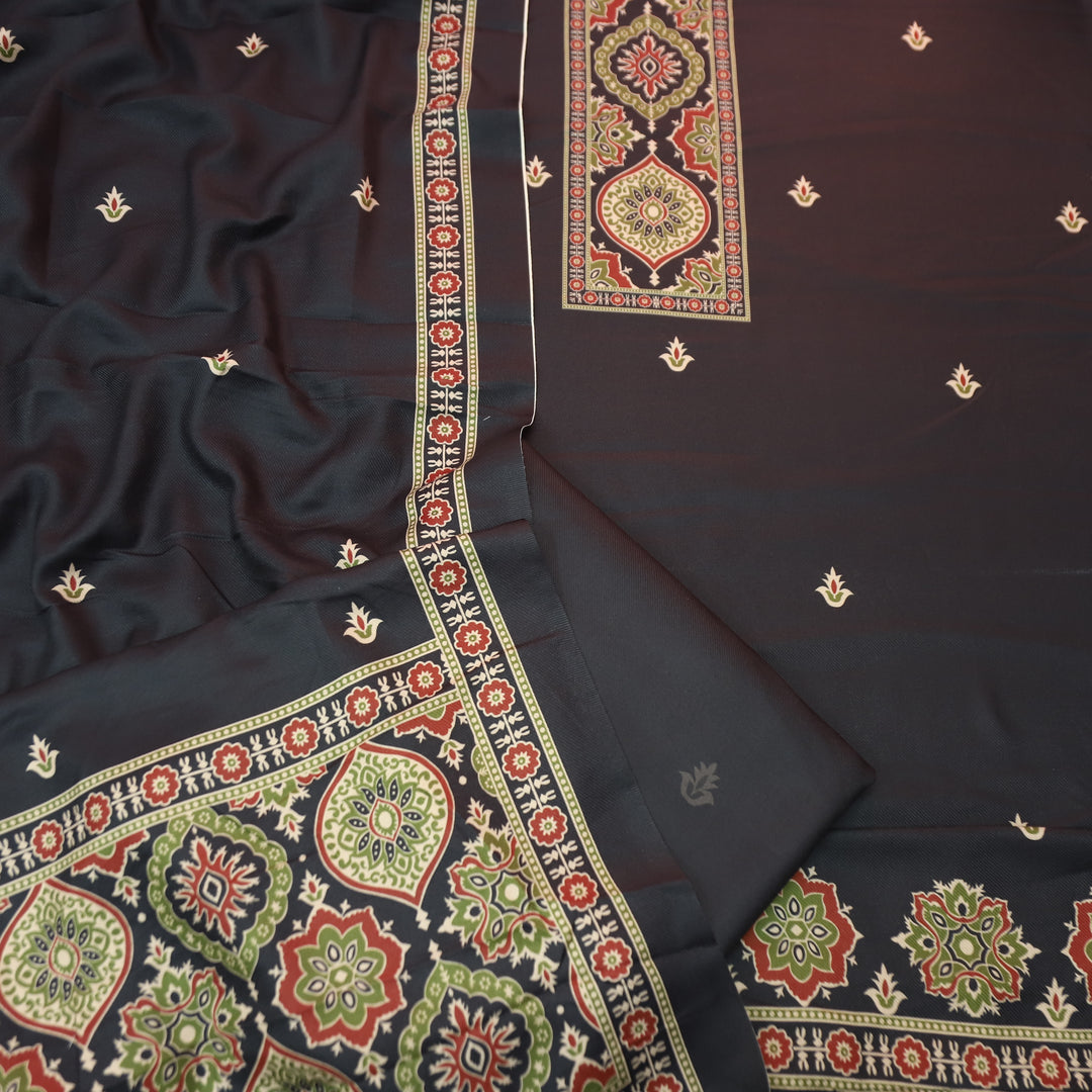 करिश्मा Charcoal Black wth Elegant Ajrak Ada Printed Semi Pashmina Winter Set