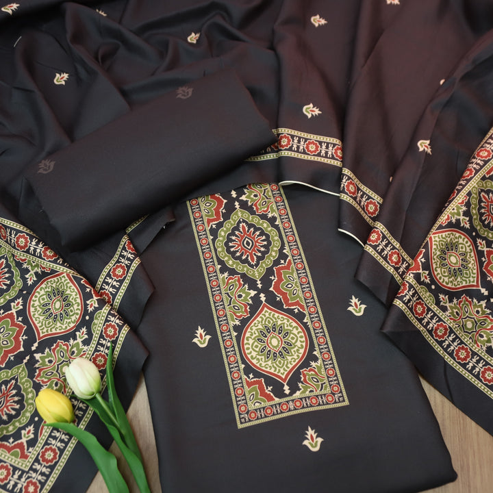 करिश्मा Charcoal Black wth Elegant Ajrak Ada Printed Semi Pashmina Winter Set