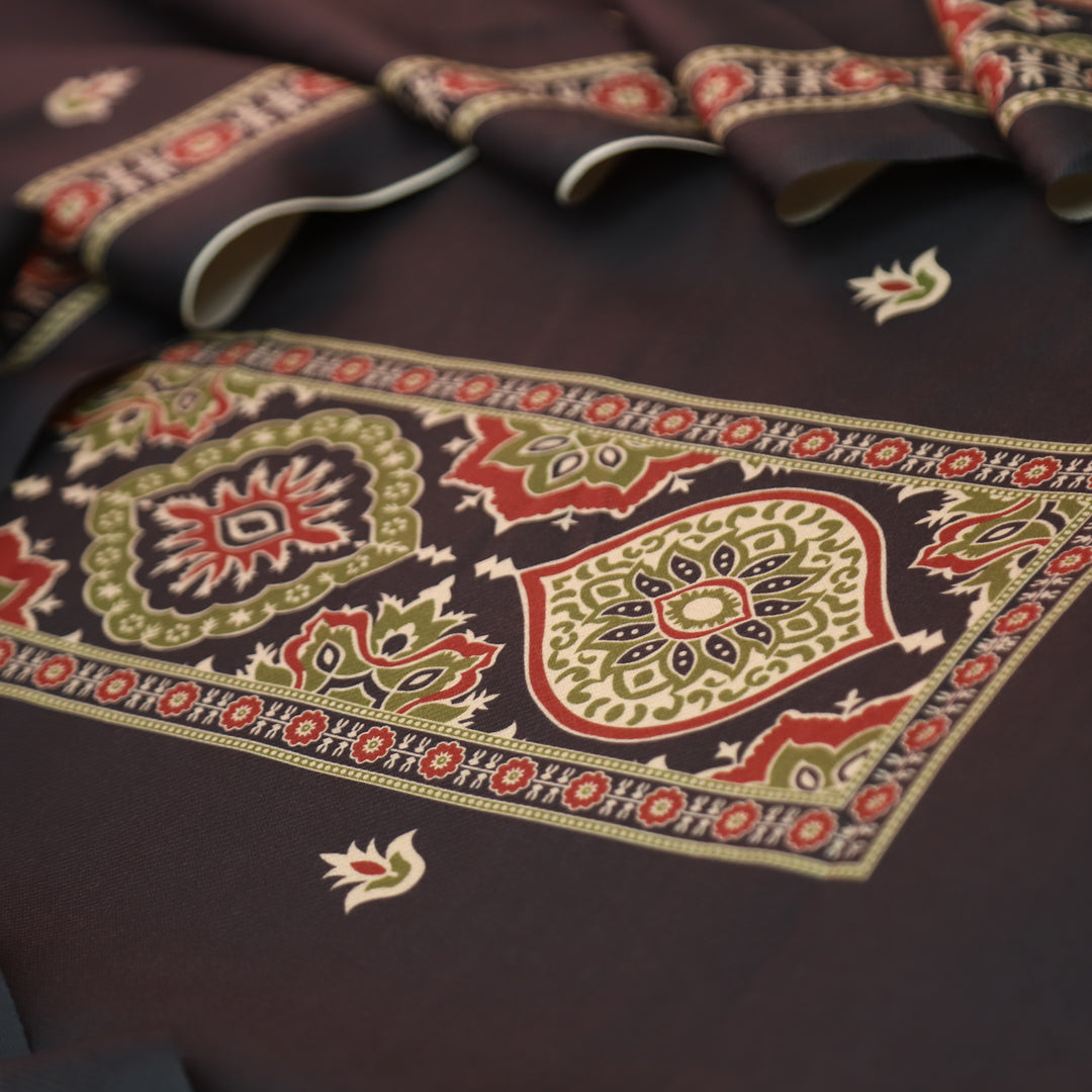 करिश्मा Charcoal Black wth Elegant Ajrak Ada Printed Semi Pashmina Winter Set