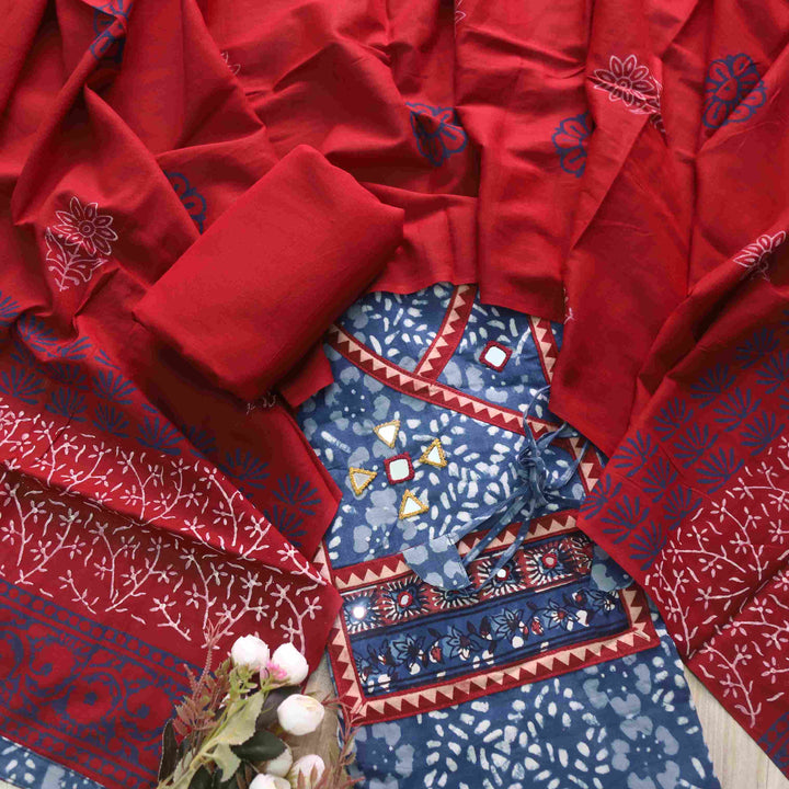 Nazara Indigo Blue Kutch Mirror Work Angrakha Dabu Printed Cotton Suit Set D4