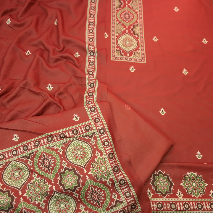 करिश्मा Burnt Rust wth Elegant Ajrak Ada Printed Semi Pashmina Winter Set