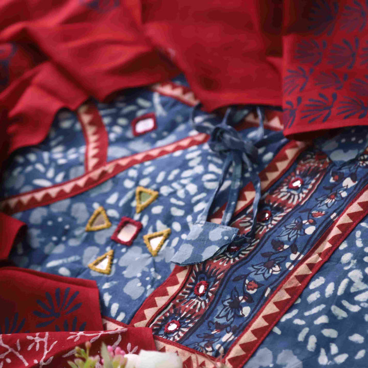 Nazara Indigo Blue Kutch Mirror Work Angrakha Dabu Printed Cotton Suit Set D4