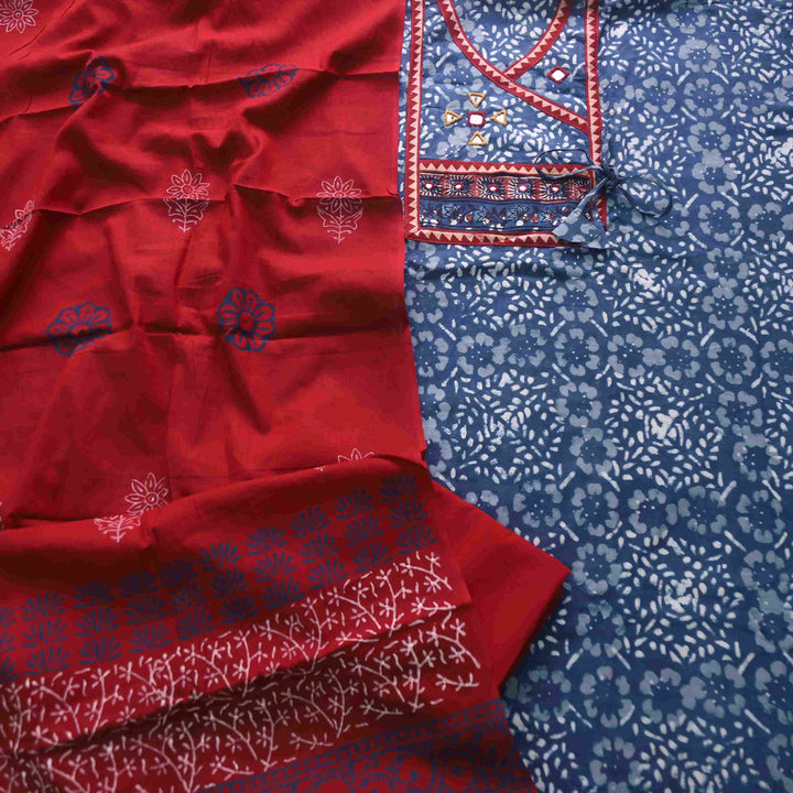 Nazara Indigo Blue Kutch Mirror Work Angrakha Dabu Printed Cotton Suit Set D4