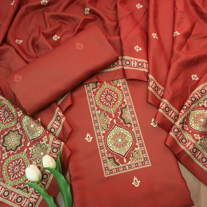 करिश्मा Burnt Rust wth Elegant Ajrak Ada Printed Semi Pashmina Winter Set