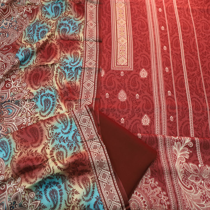 फरीदा Cherry Red Panel Style Printed with Swarovski Semi Pashmina Winter Set