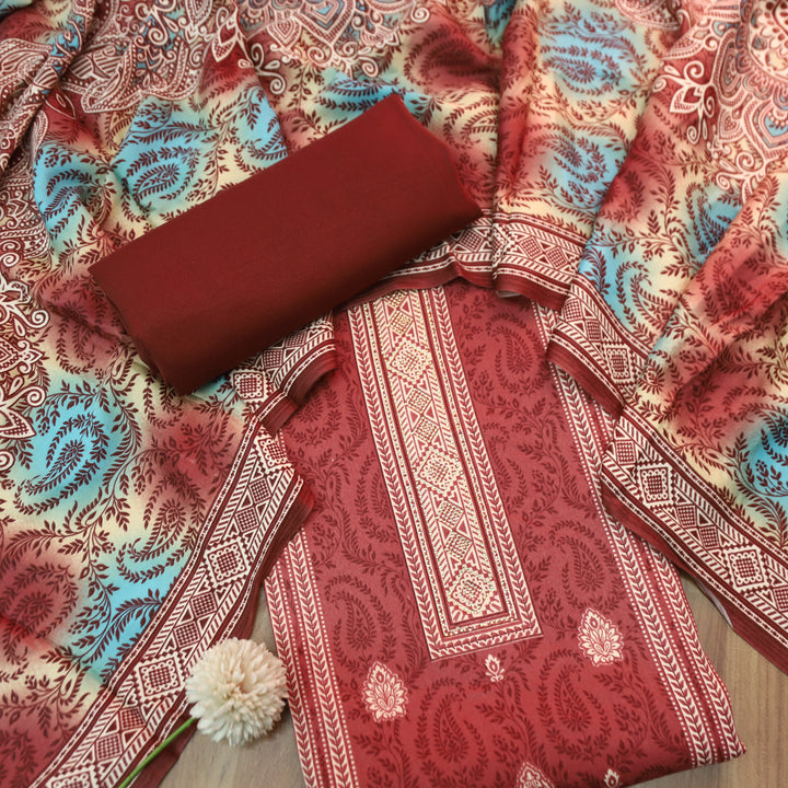 फरीदा Cherry Red Panel Style Printed with Swarovski Semi Pashmina Winter Set