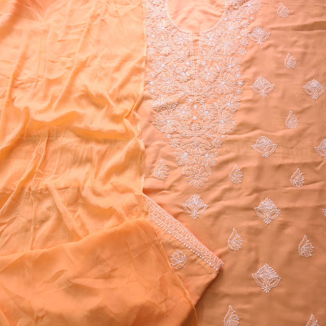Mohataaz Bright Orange Authentic Chikankari Cotton Top with Chiffon Dupatta-D2