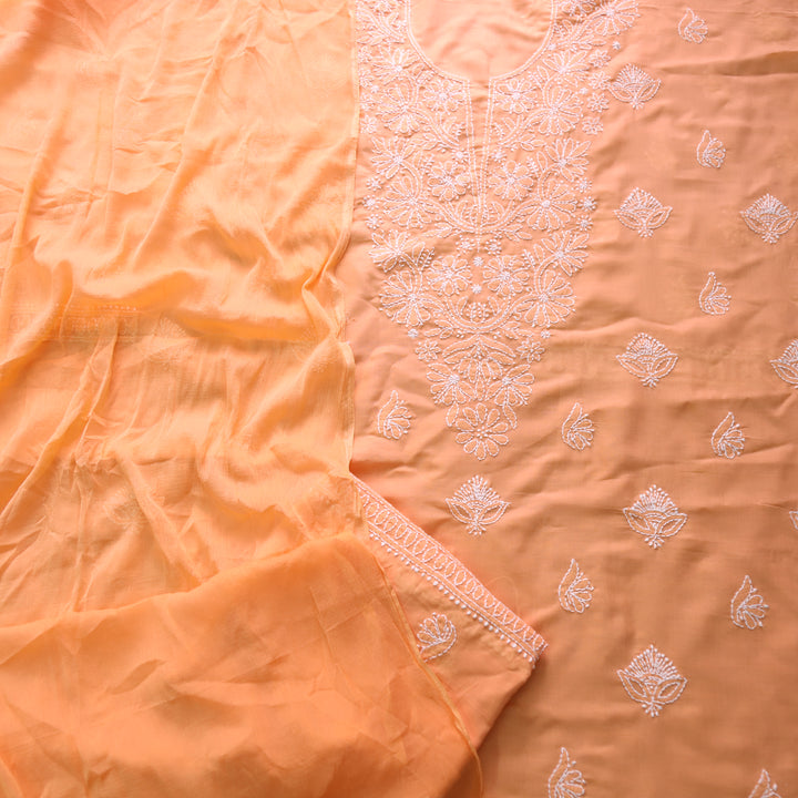 Mohataaz Bright Orange Authentic Chikankari Cotton Top with Chiffon Dupatta-D2