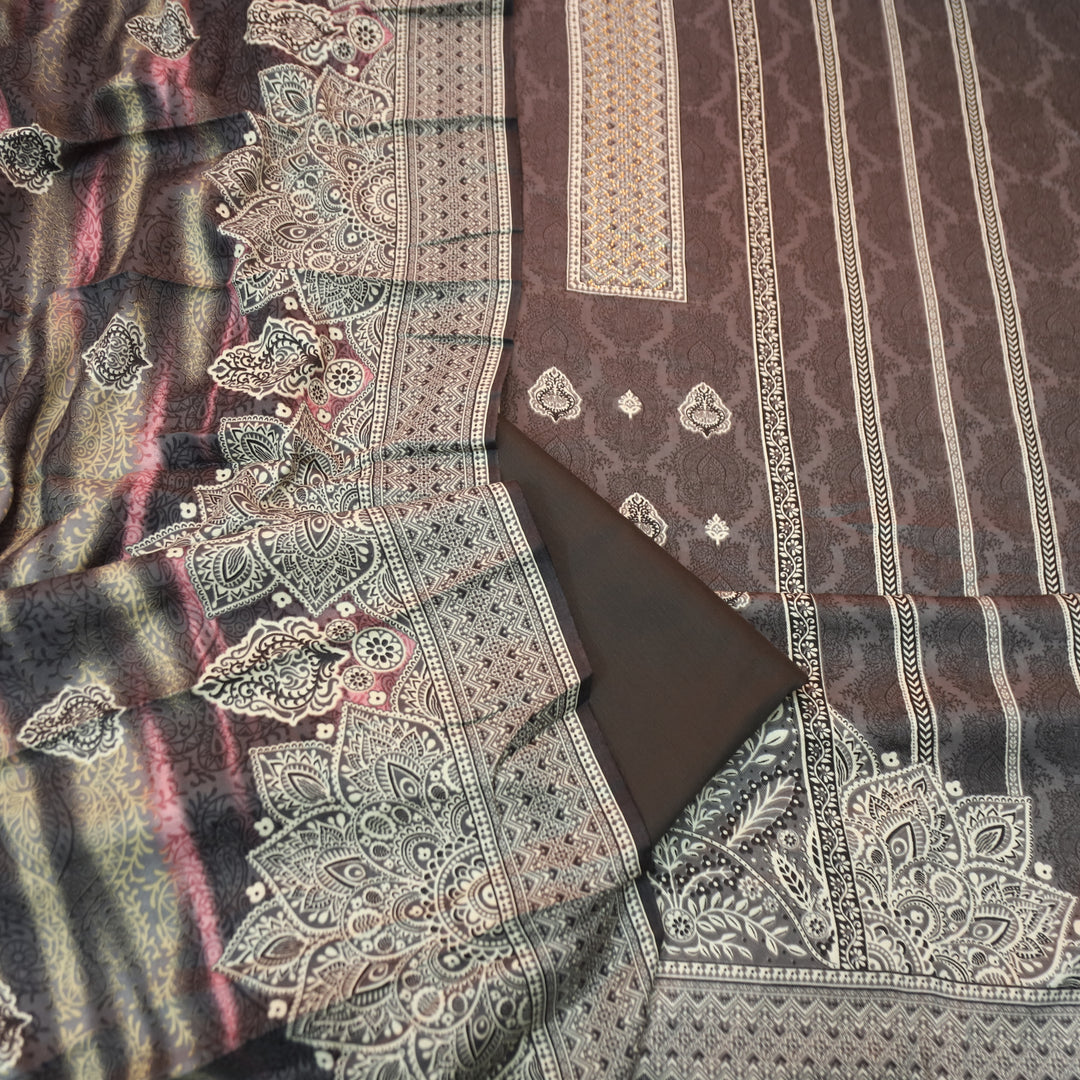 फरीदा Charcoal Black Panel Style Printed with Swarovski Semi Pashmina Winter Set